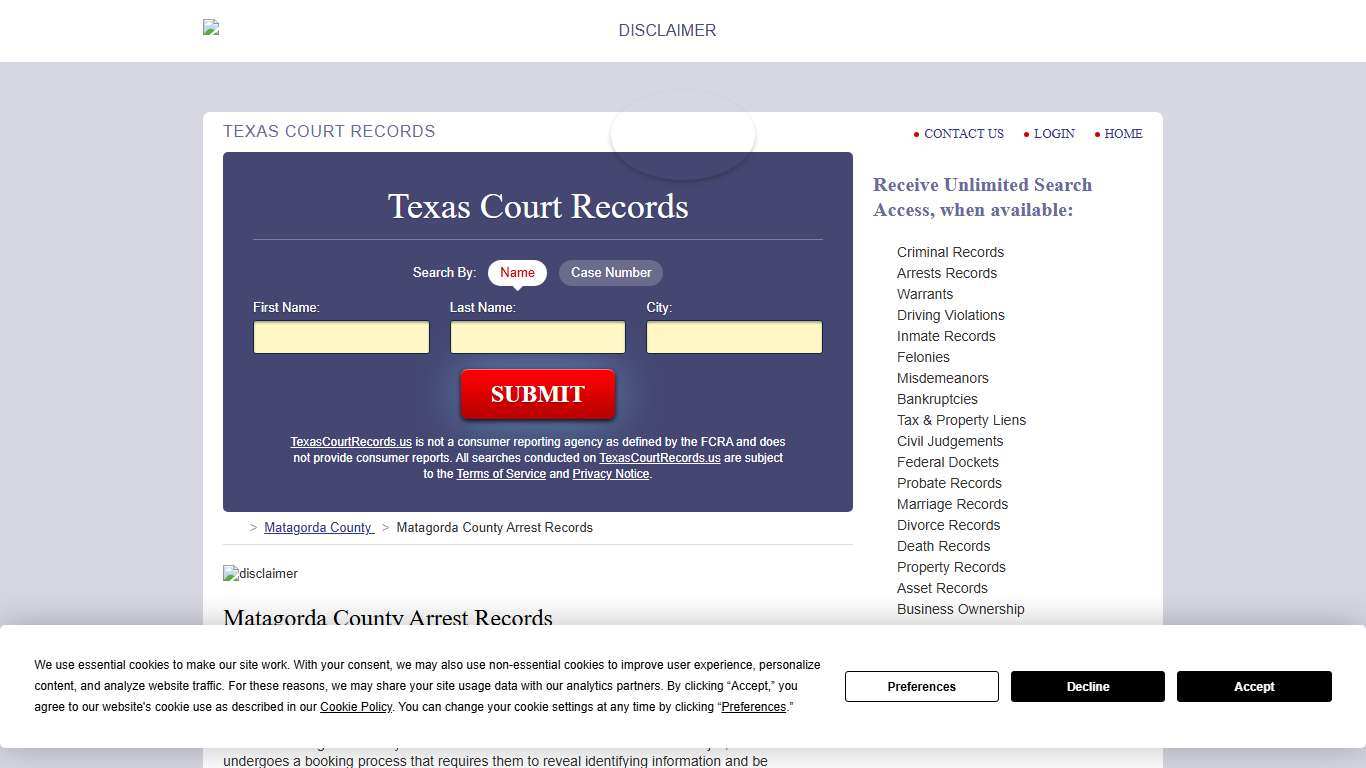 Matagorda County Arrest Records TexasCourtRecords.us