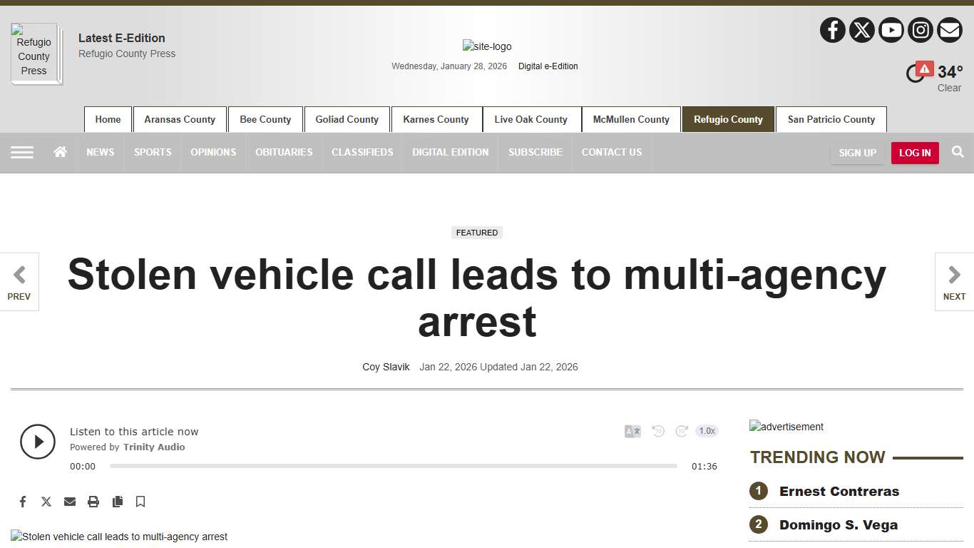 Stolen vehicle call leads to multi-agency arrest Refugio County Press southtexasnews.com